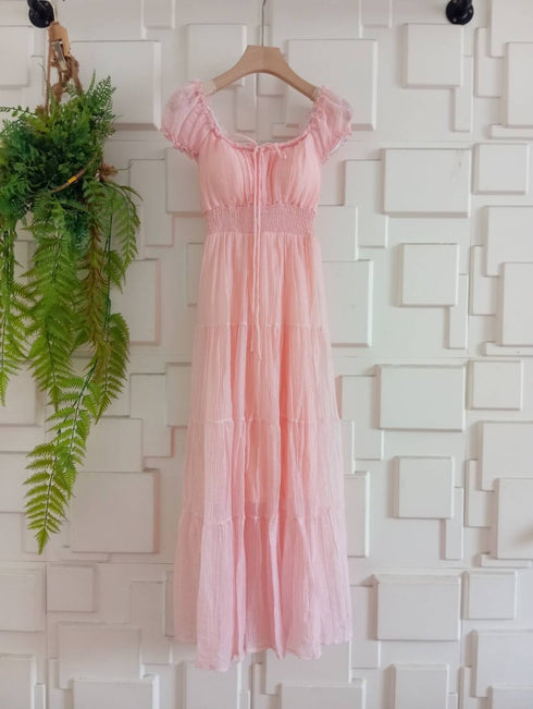 Summer Chiffon Drawstring Neckline Long Maxi Dress